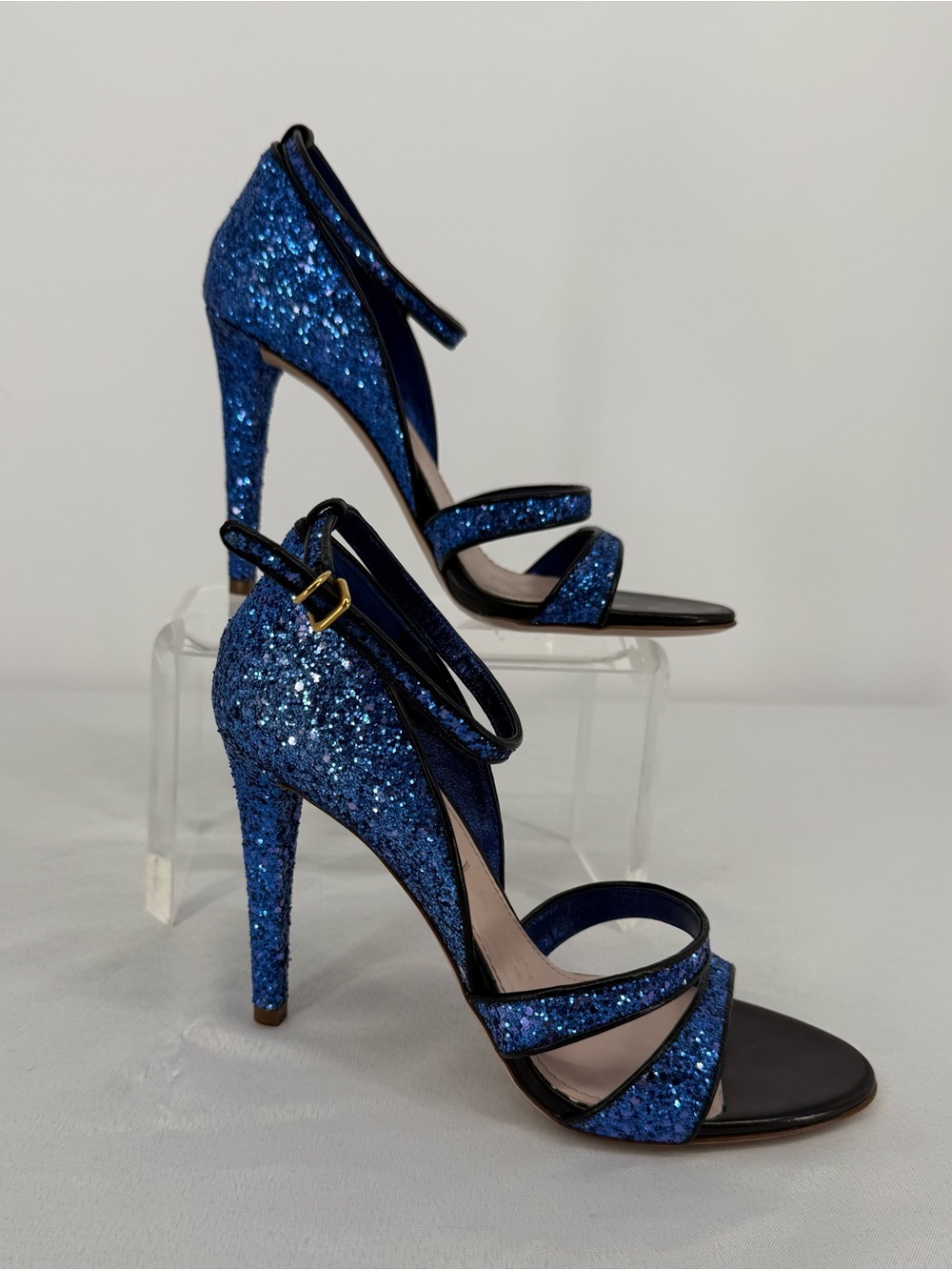 NEW Miu Miu Blue Glitter Strappy High Heel Sandals Size US 8 EU 38